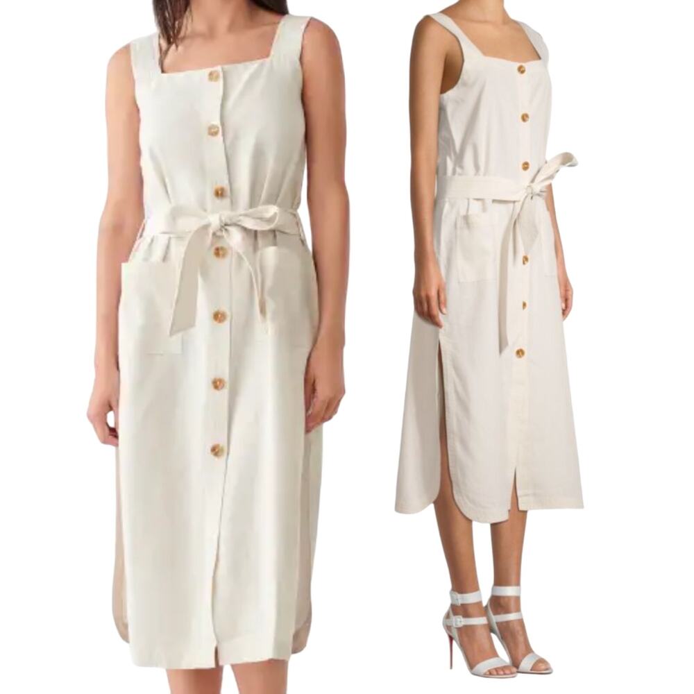 DL1961 Lexia Linen Midi Dress Tie Belted Sleeveless Button Down Cream Womens XS